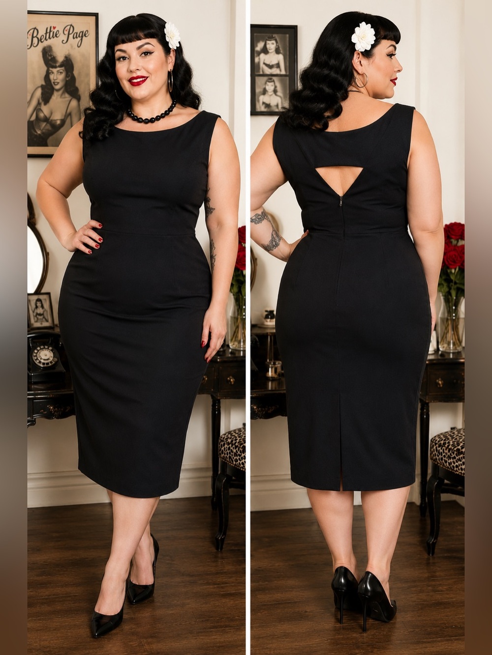 Bettie Page by Tatyana Megan Pencil Dress Black 4X Retro Pin-Up Rockabilly NWT